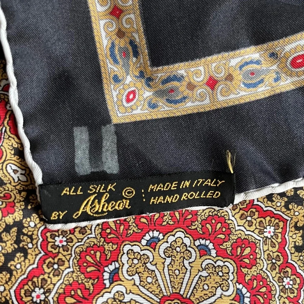 VTG Ashear Silk Scarf Made in Italy Hand Rolled Black Mandala Medallion Square